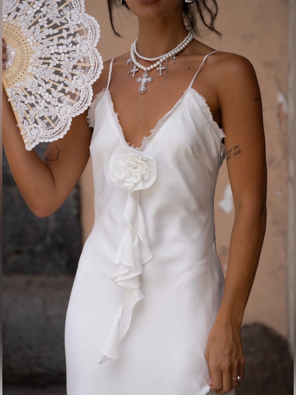 12th Tribe White Satin Maxi Dress with Floral Ruffle